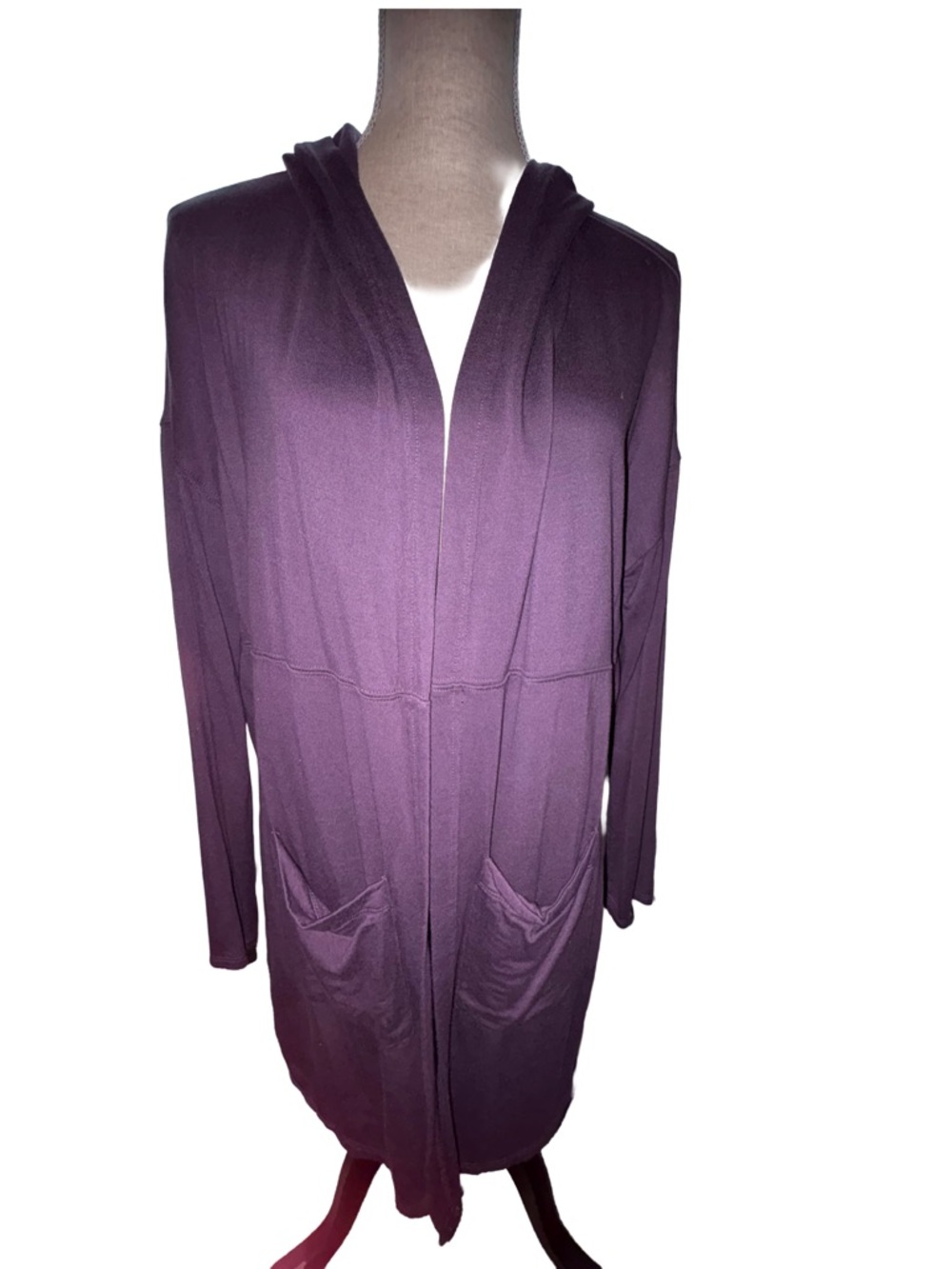 Double Zero Plum Hooded Open French Terry Boutique Cardigan with Front Pockets